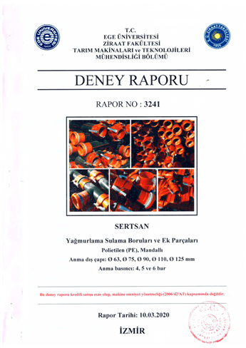 YAĞMURLAMA BORU VE EK PARÇALARI DENEY RAPORU