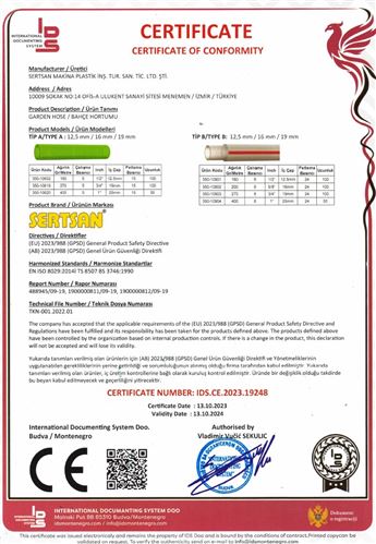 PVC BAHCE HORTUMLARI CE BELGESİ