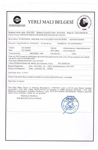 PVC HORTUM YERLİ MALI BELGESİ